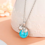 Sterling Silver Turquoise Larimar Labradorite Moss Agate Blue Sandstone  Cat Pendant Necklace