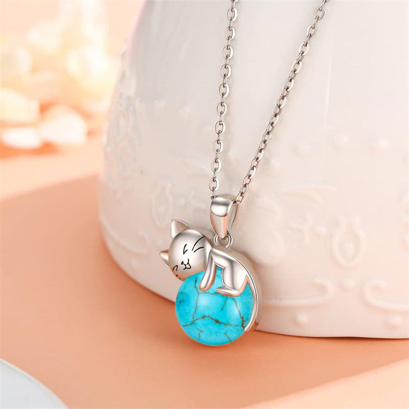 Sterling Silver Turquoise Larimar Labradorite Moss Agate Blue Sandstone  Cat Pendant Necklace