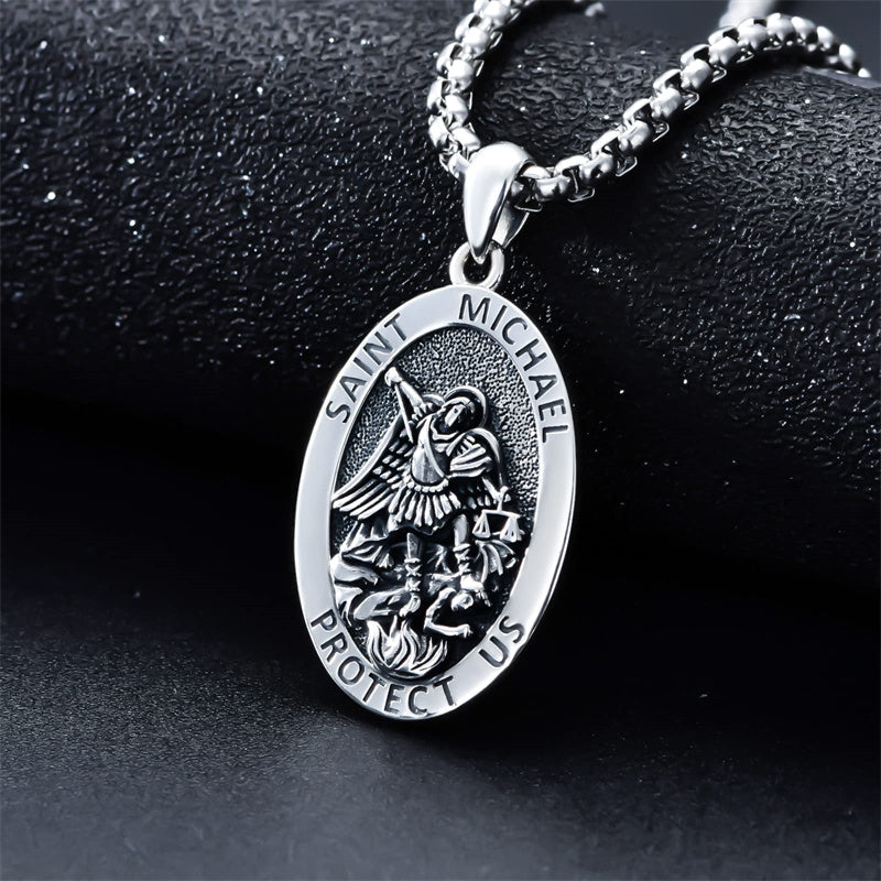 Sterling Silver Oval Round Medal St Michael Pendant Necklace