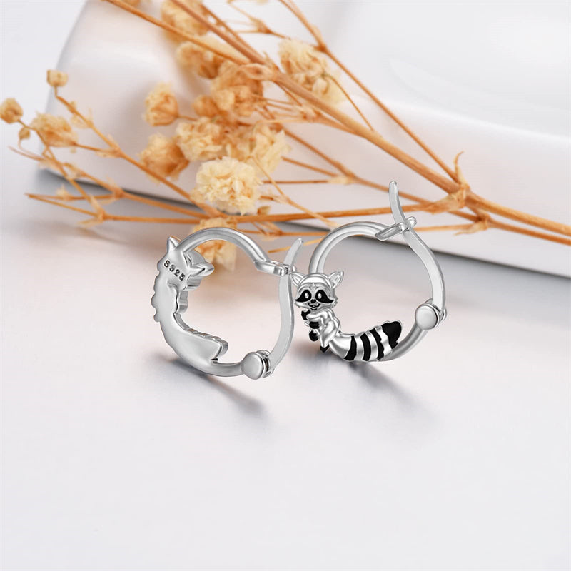 Sterling Silver Raccoon Cat Hoop Earrings
