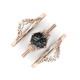 Sterling Silver 10K 14K 18K Personalized Engraved 2CT Natural Black Rutilated Quartz Engagement Ring Set