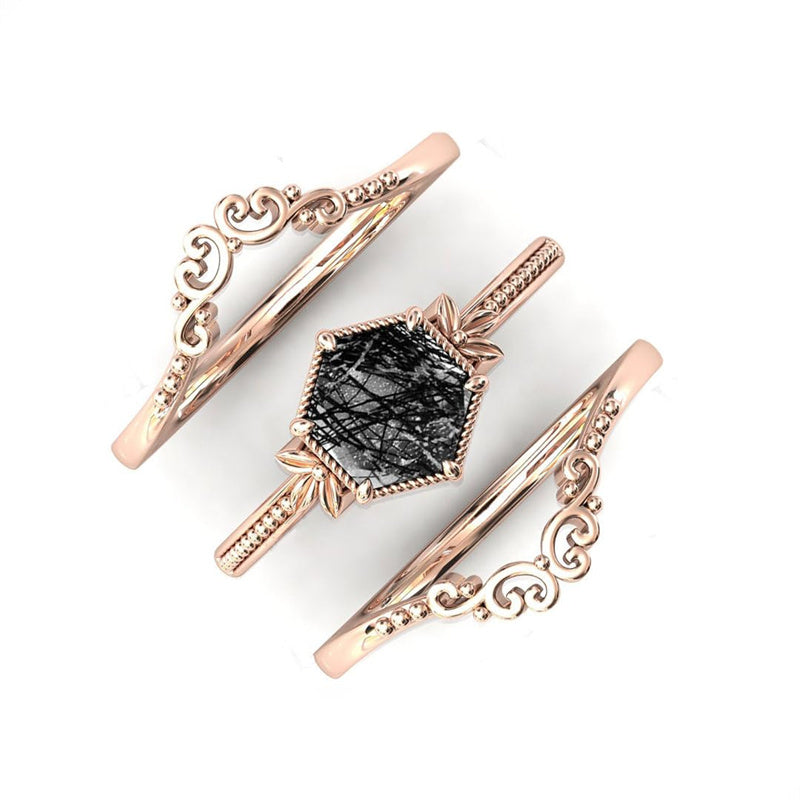 Sterling Silver 10K 14K 18K Personalized Engraved 2CT Natural Black Rutilated Quartz Engagement Ring Set