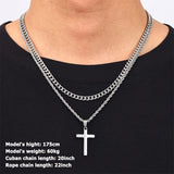 Sterling Silver Layered Cross Necklace for Men with Stainless Steel Cuban Link Rope Chain