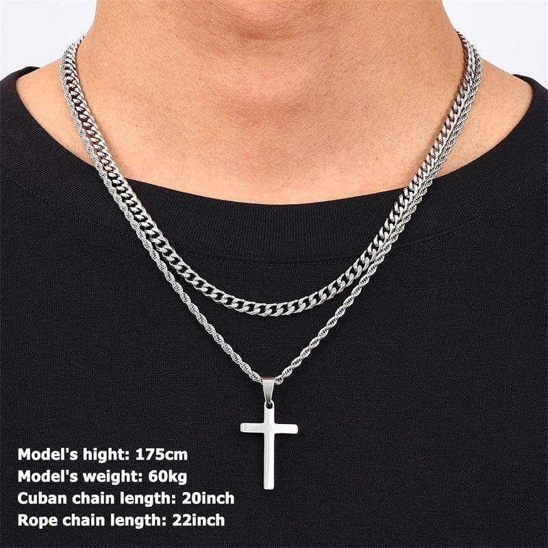 Sterling Silver Layered Cross Necklace for Men with Stainless Steel Cuban Link Rope Chain
