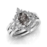 Sterling Silver 10K 14K 18K Personalized Engraved 2CT Natural Black Rutilated Quartz Engagement Ring Set