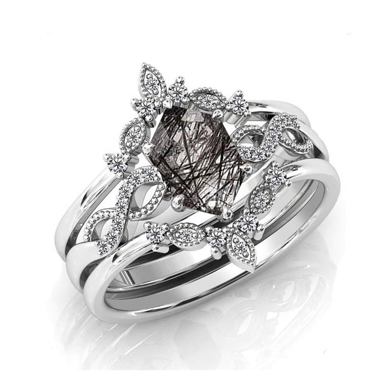 Sterling Silver 10K 14K 18K Personalized Engraved 2CT Natural Black Rutilated Quartz Engagement Ring Set