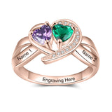 10K 14K 18 K Gold Personalized Engraved 2 Simulated Heart Birthstone Ring