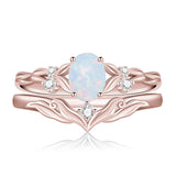 Sterling Silver 10K 14K 18K Gold  Oval Cut Unique Vine Gemstone Wedding Ring Set