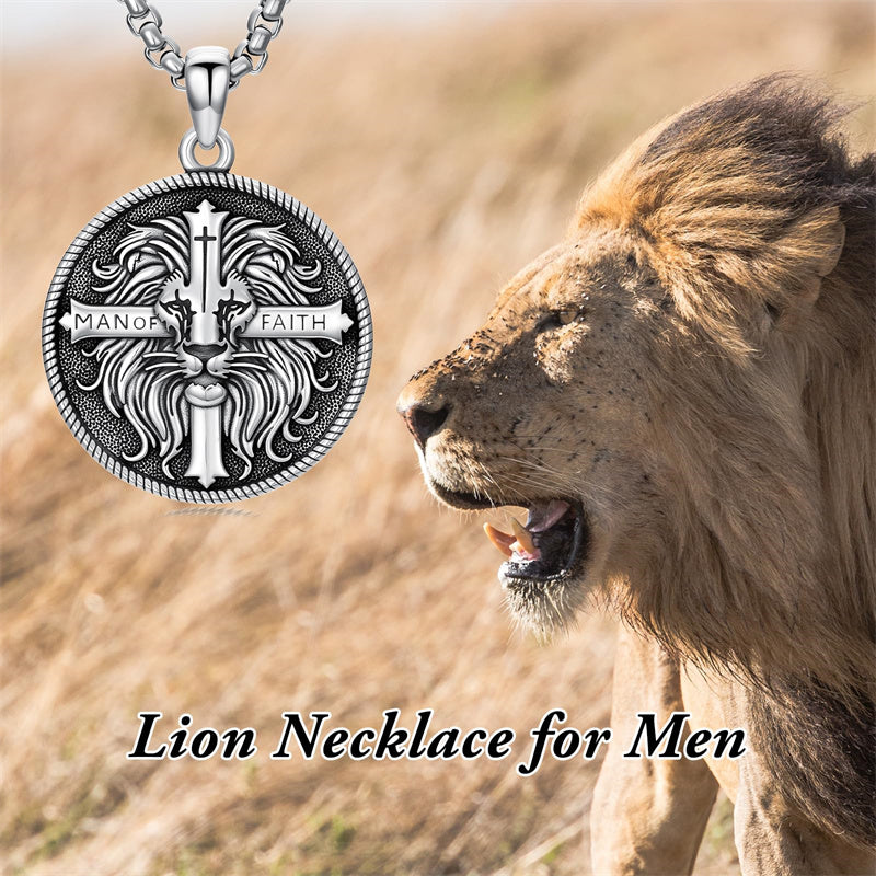 Sterling Silver Faith Bible Lion Pendant Necklace for Men