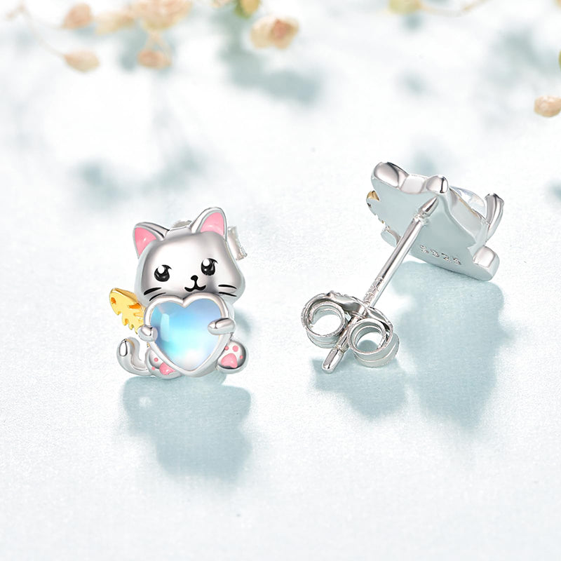 Sterling Silver Moonstone Axolotl Dog Cat Stud Earrings