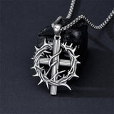 Sterling Silver Crown of Thorns Crucifix Cross Pendant Necklace for Men