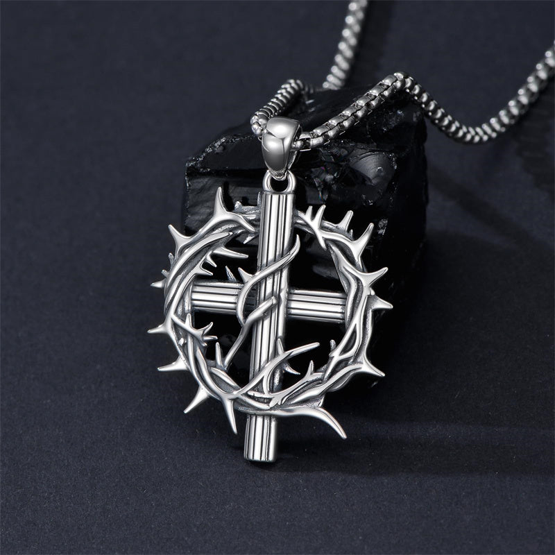 Sterling Silver Crown of Thorns Crucifix Cross Pendant Necklace for Men
