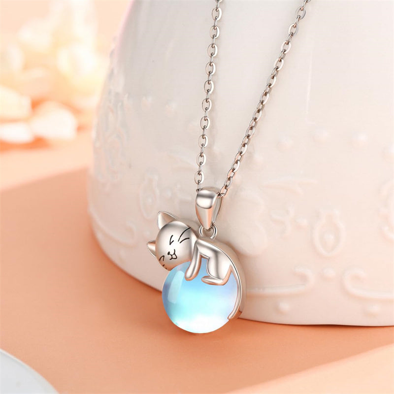 Sterling Silver Moonstone Pearl Rose Quartz Crystal Cat Pendant Necklace