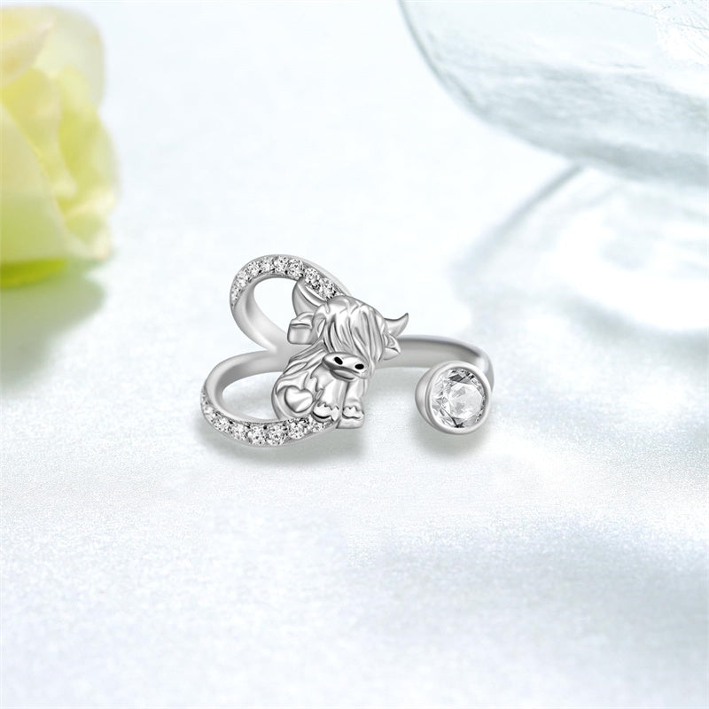 Sterling Silver Birthstone AdjustableHighland Cow Ring