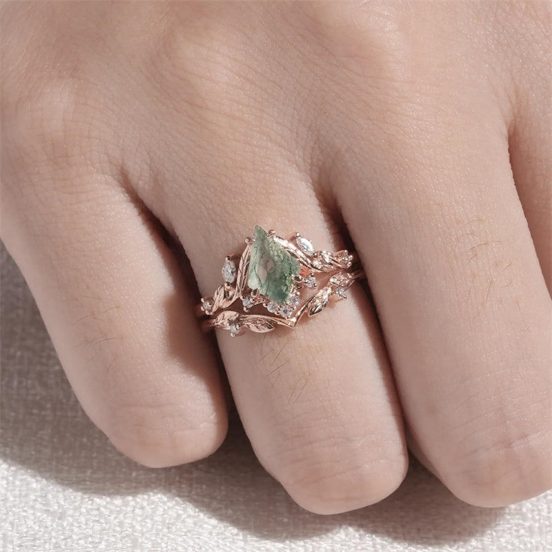Sterling Silver 10K 14K 18K Gold  Personalized  Engraved Natural Moss Agate Engagement Bridal Wedding Ring Set
