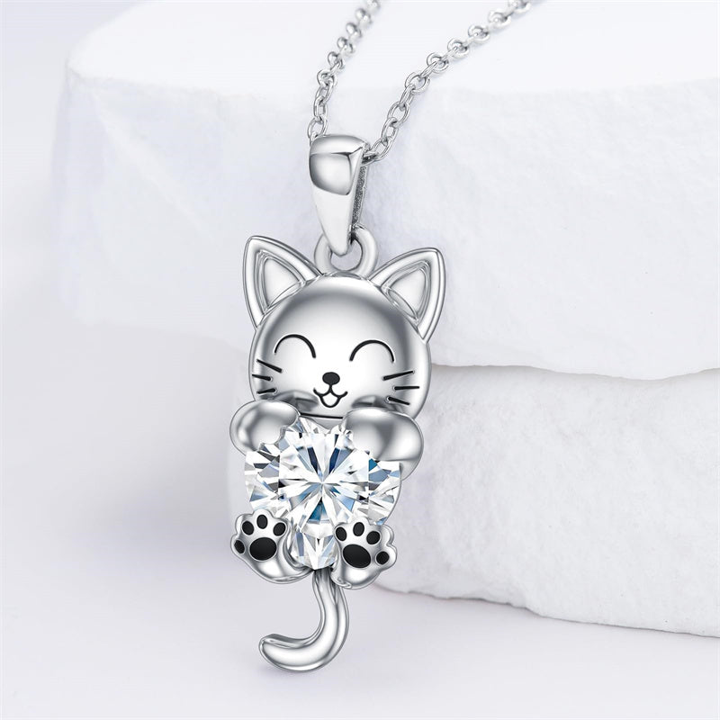 Sterling Silver Heart Birthstone Cat Pendant Necklace
