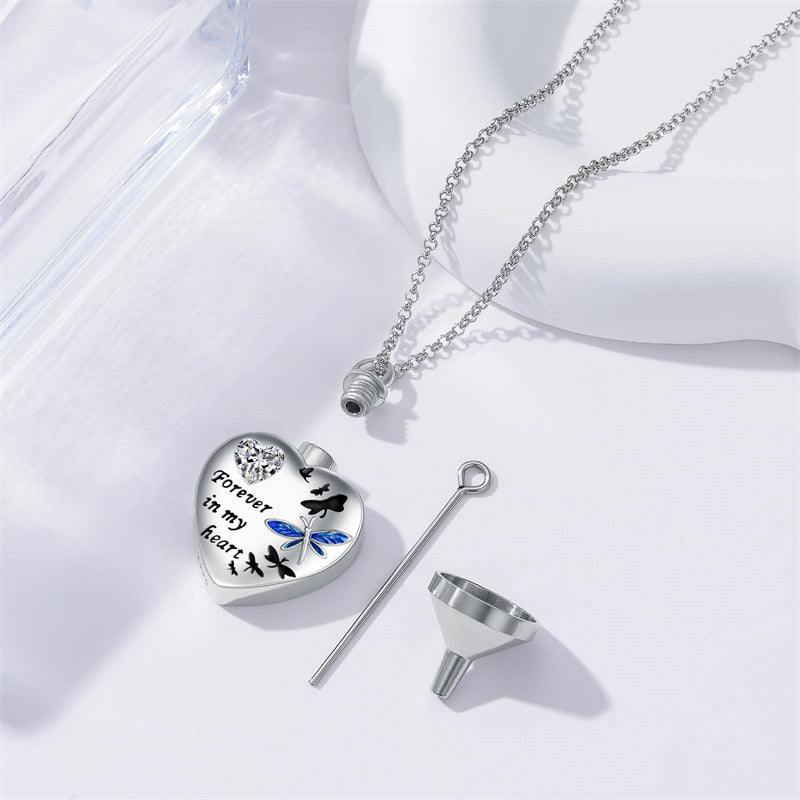 Sterling Silver Cubic Zirconia Dragonfly Heart Urn Necklaces for Ashes
