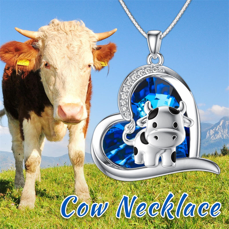 Sterling Silver Blue Crystal  Cow Pendant Necklace