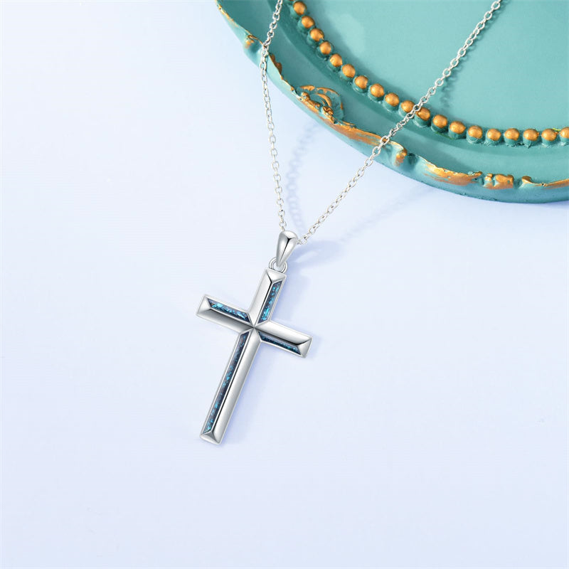 Sterling Silver Turquoise Abalone Shell Oxidation Cross Pendant Necklace