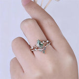 Sterling Silver 10K 14K 18K Gold  Personalized  Engraved Natural Moss Agate Engagement Bridal Wedding Ring Set