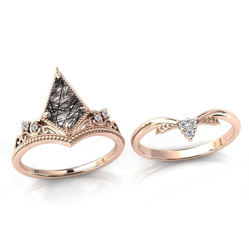 Sterling Silver 10K 14K 18K Personalized Engraved 2CT Natural Black Rutilated Quartz Engagement Ring Set