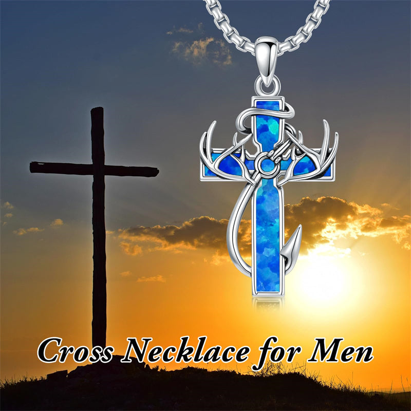Sterling Silver Fish Hook Cross Pendant Necklace for Men
