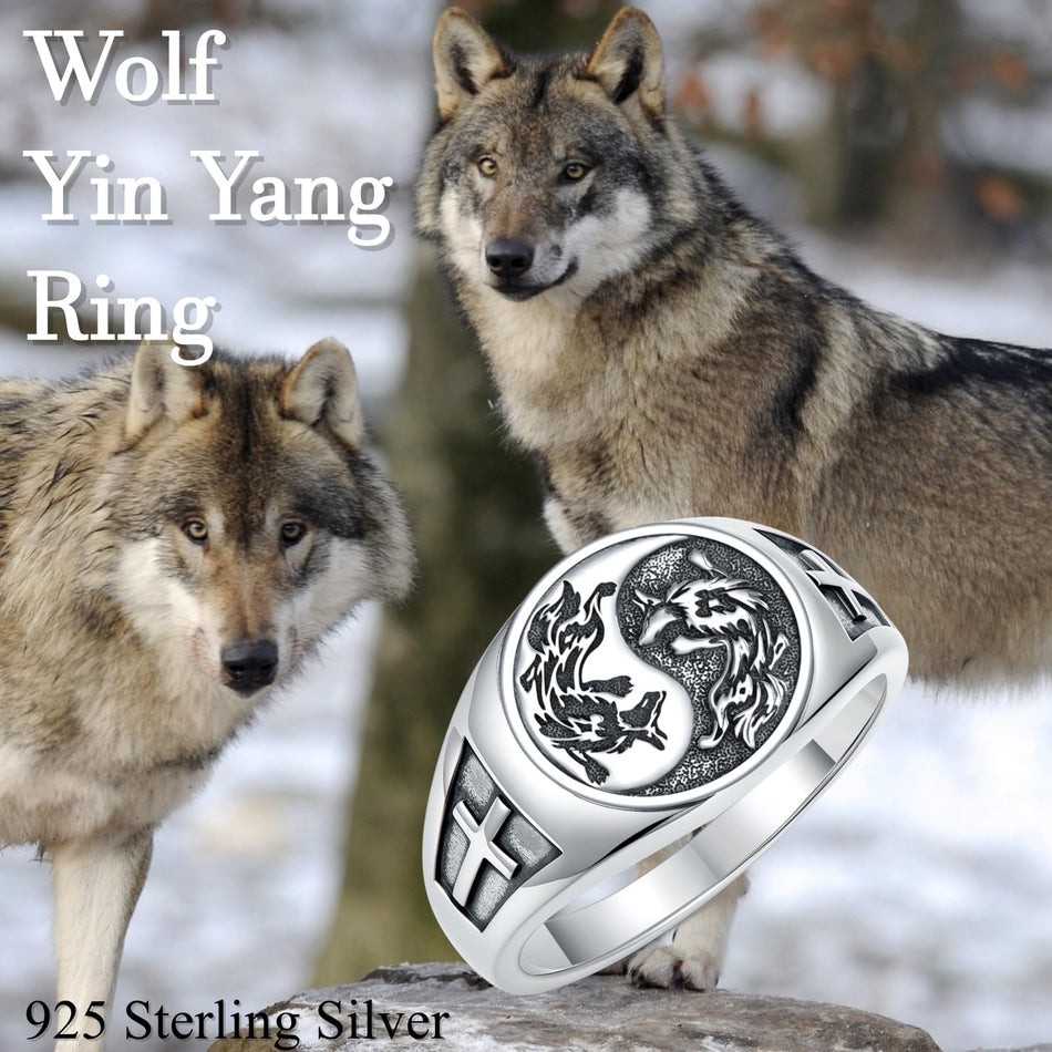 Sterling Silver Yin Yang Cross Wolf Ring for Men