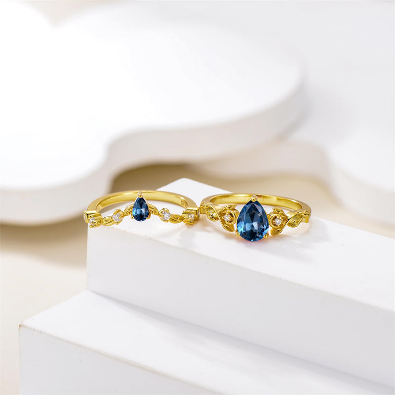 Sterling Silver 10K 14K 18K Gold Pear Cut Gemstone Leaf  Engagement Ring Set