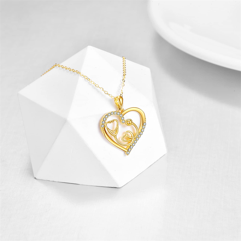14K Gold Heart-Shaped Stethoscope Pendant Necklace