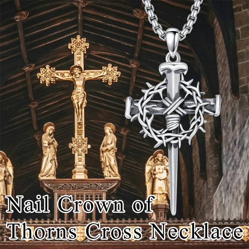 Sterling Silver Crown of Thorn Three Nail Cross Pendant Necklace