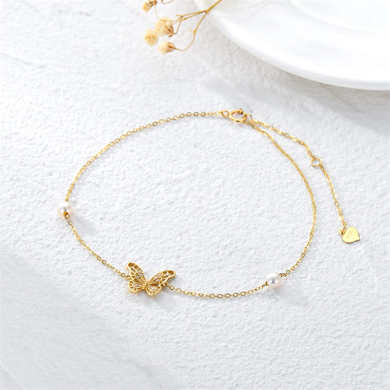 14k Gold Butterfly Pearl Single Layer Anklet