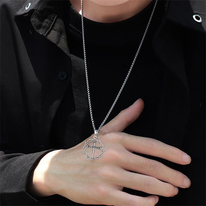 Sterling Silver Crown of Thorns Crucifix Cross Pendant Necklace for Men