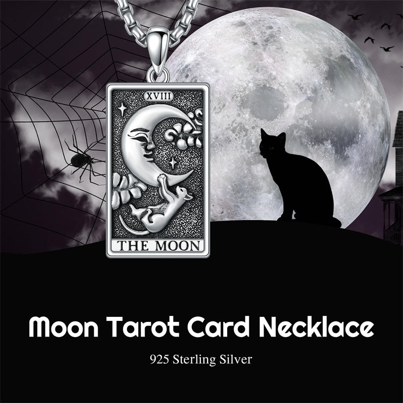 Sterling Silver Cat Moon Tarot Card Pendant Necklace