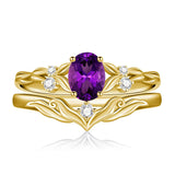 Sterling Silver 10K 14K 18K Gold  Oval Cut Unique Vine Gemstone Wedding Ring Set