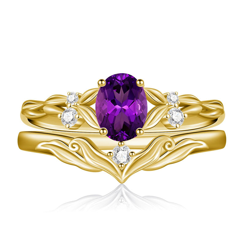 Sterling Silver 10K 14K 18K Gold  Oval Cut Unique Vine Gemstone Wedding Ring Set