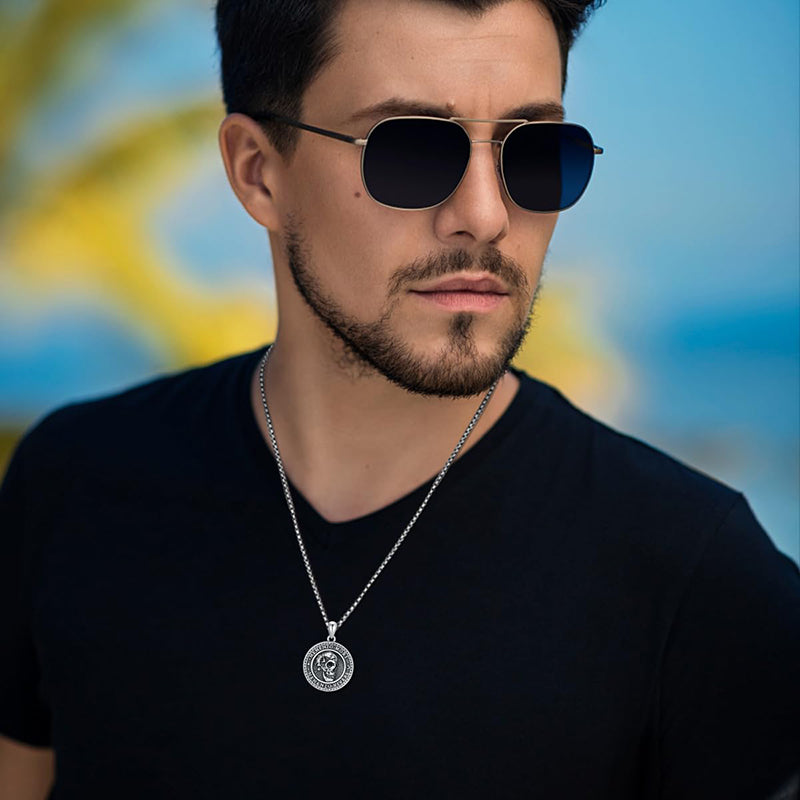 Sterling Silver Memento Mori Gothic Skull Amulet Pendant Necklace for Men