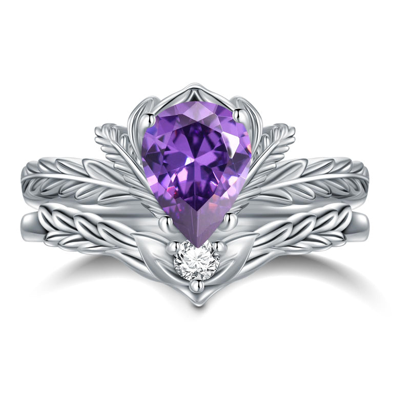 Sterling Silver Pear Cut Vine Leaf Gemstone Engagement Rings Set for Women