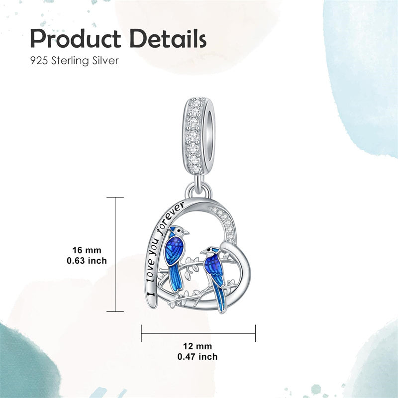 Sterling Silver Blue Jay  Charm Beads Engraved with I Love Forever
