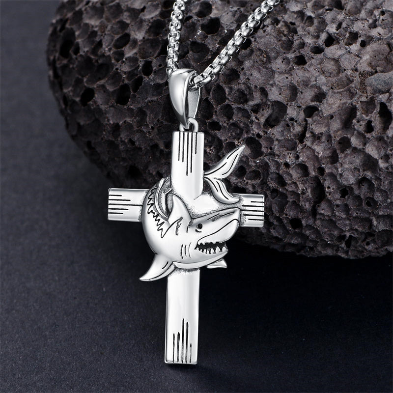 Sterling Silver Shark Fish Hook Triple Moon Cross Pendant Necklace