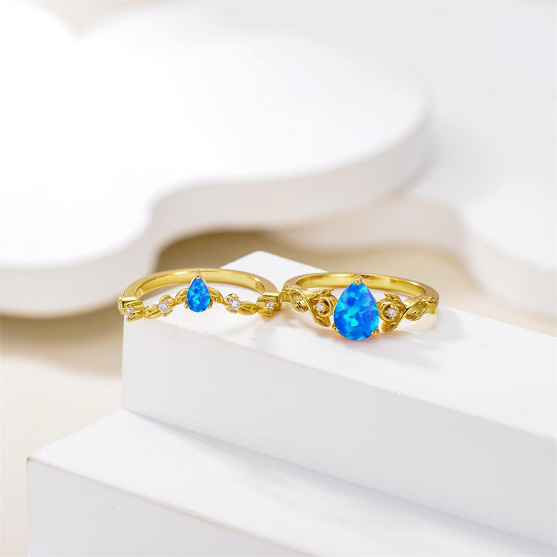 Sterling Silver 10K 14K 18K Gold Pear Cut Gemstone Leaf  Engagement Ring Set