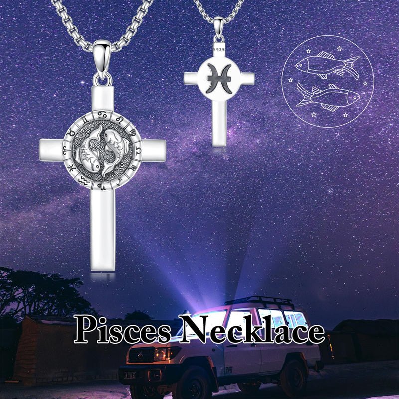 Sterling Silver 12 Constellation Cross Pendant Necklace