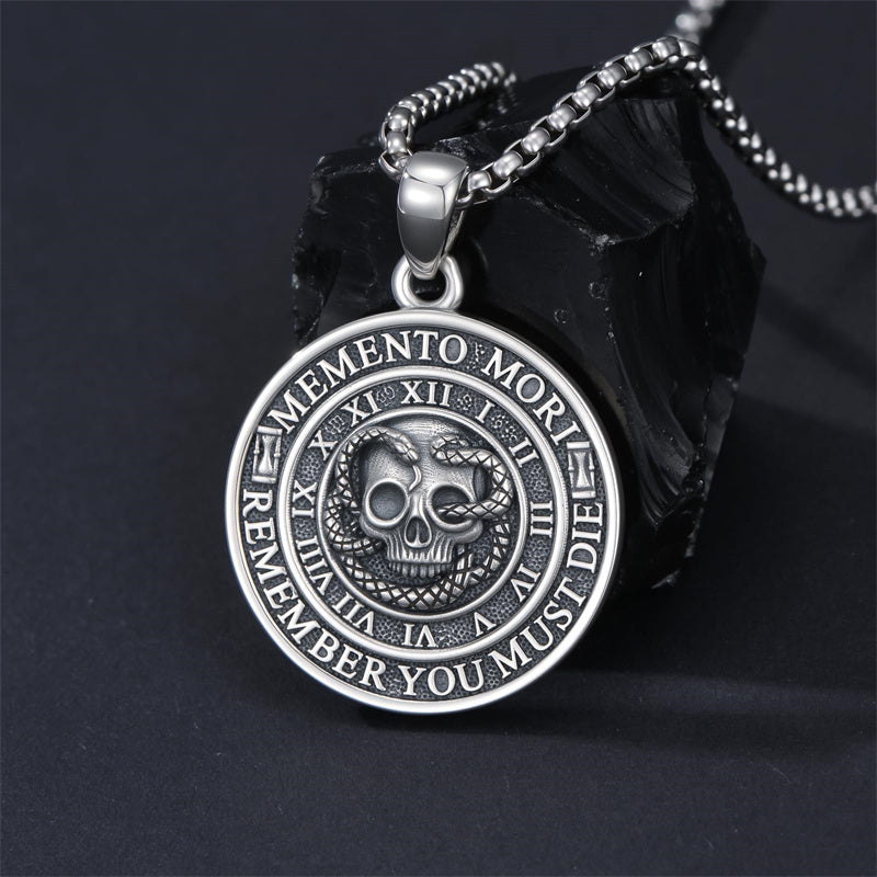 Sterling Silver Memento Mori Gothic Skull Amulet Pendant Necklace for Men