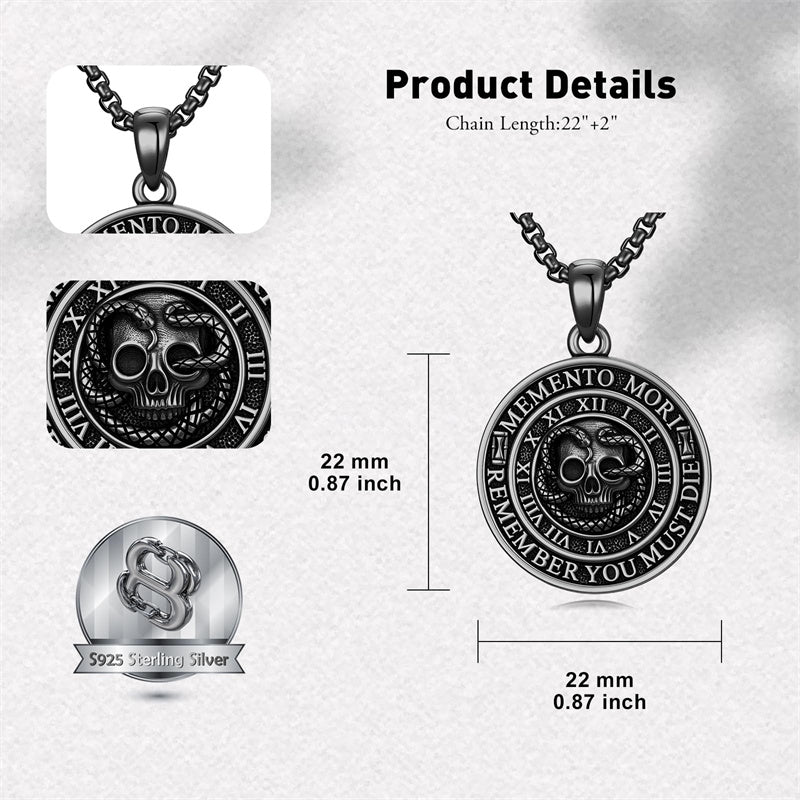 Sterling Silver Memento Mori Gothic Skull Amulet Pendant Necklace for Men
