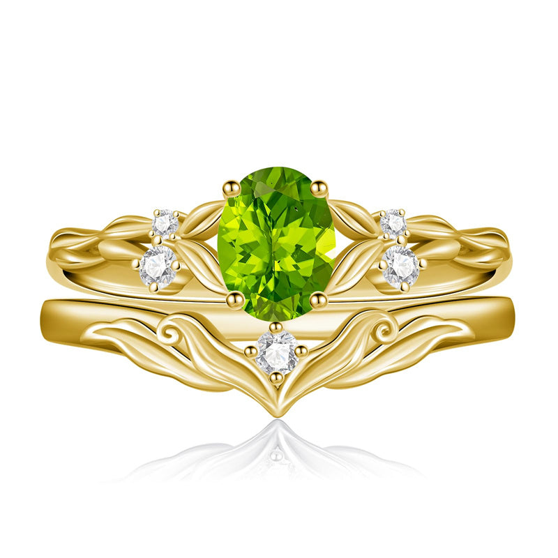 Sterling Silver 10K 14K 18K Gold  Oval Cut Unique Vine Gemstone Wedding Ring Set