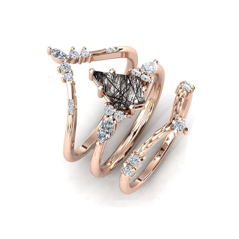 Sterling Silver 10K 14K 18K Personalized Engraved 2CT Natural Black Rutilated Quartz Engagement Ring Set