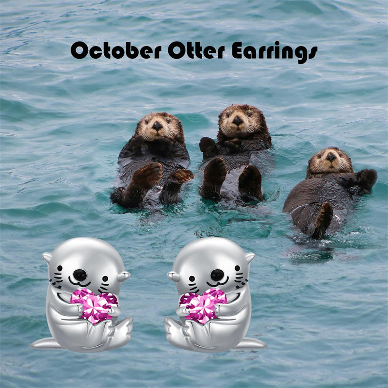 Sterling Silver Birthstone Otter Stud Earrings