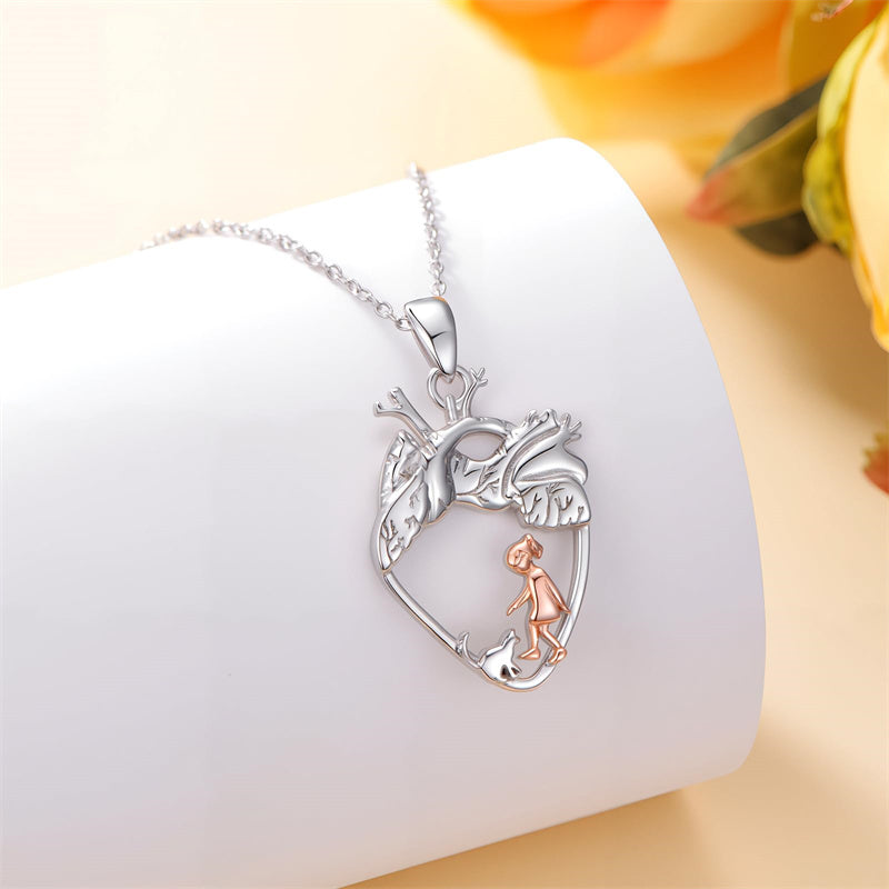 Sterling Silver Anatomical Heart Girl withr Dog Cat Pendant Necklace