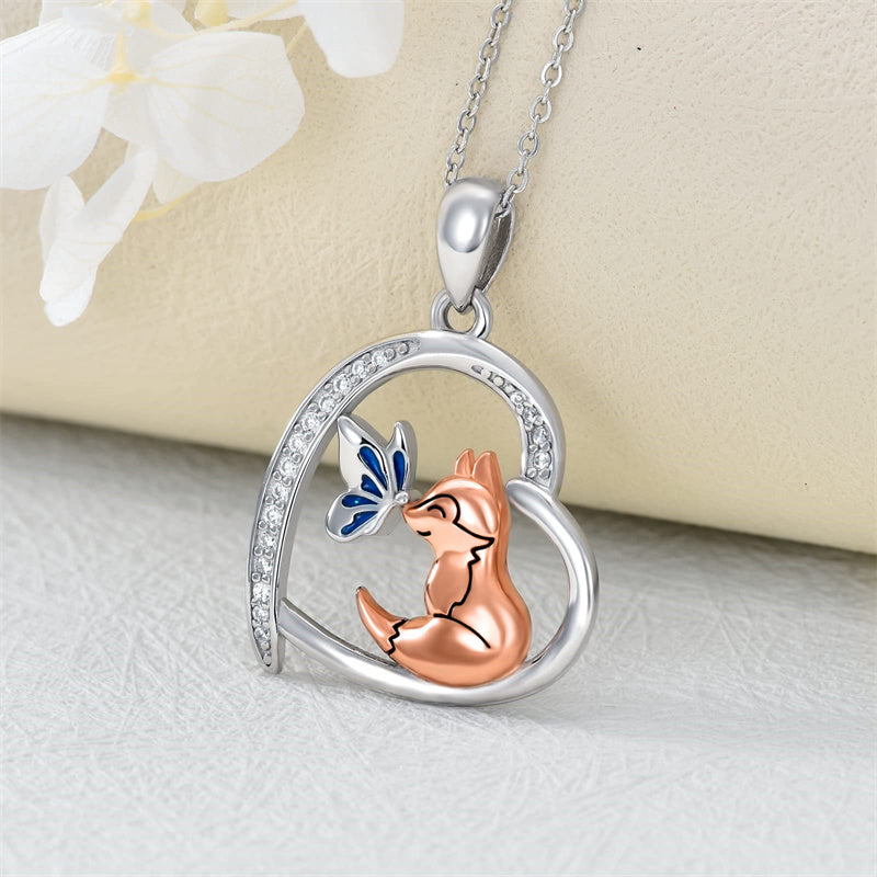 Sterling Silver Fox & Butterfly Pendant Necklace