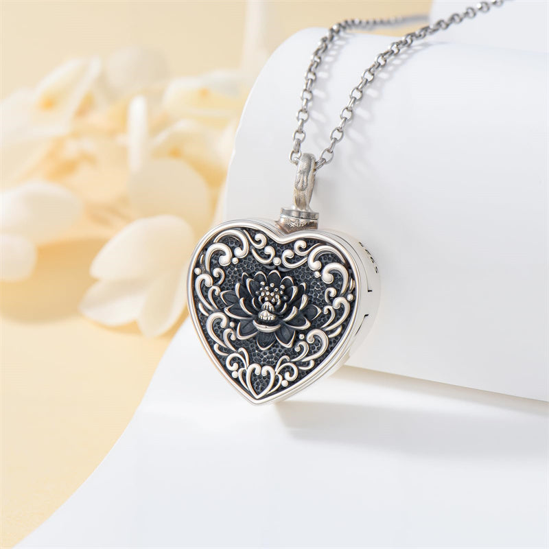 Sterling Silver Personalized Photo Heart Lotus Urn Necklace for Ashes