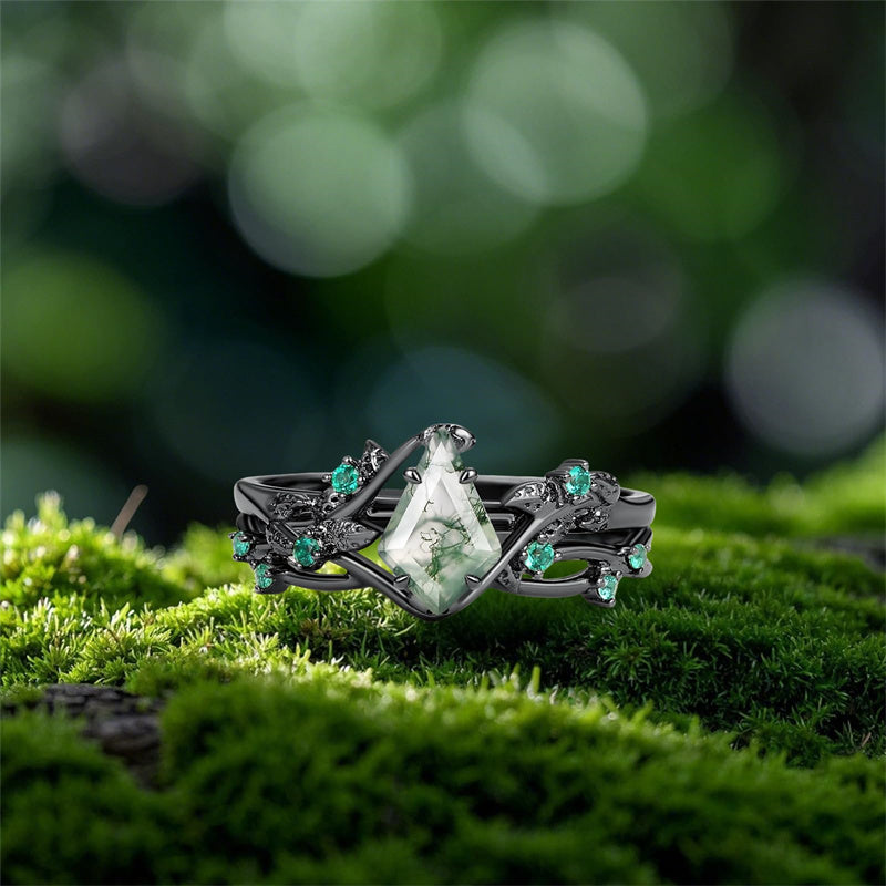 Sterling Silver 10K 14K 18K Gold  Personalized  Engraved Pear Kite Round Cut Moss Agate Engagement Ring Set